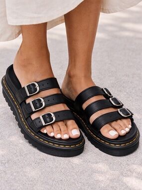 Dr. Martens Blaire Slide Sandals in black leather With Sliver Buckles Womens 10